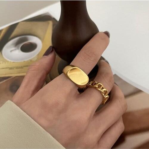 VSnow Minimalist Metal Pig Nose Chain Ring for Women Girls Creative Gold Oval Glossy Open Adjustable Index Finger Ring Jewelry