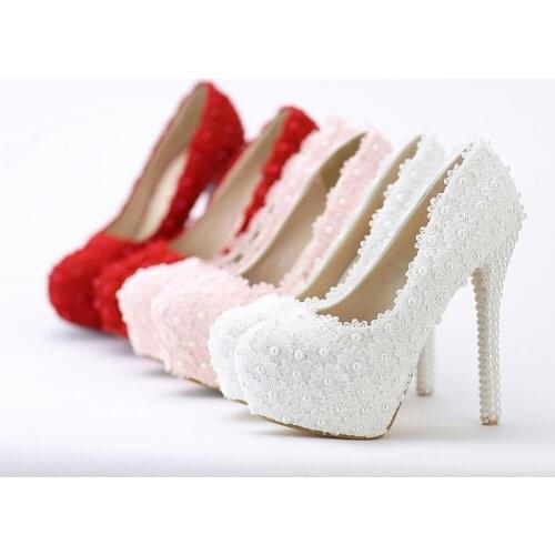 Koovan womens wedding pumps 2021 White flower silk high heel pearl wedding shoes bride pointy shoes red shoes for womens shoes