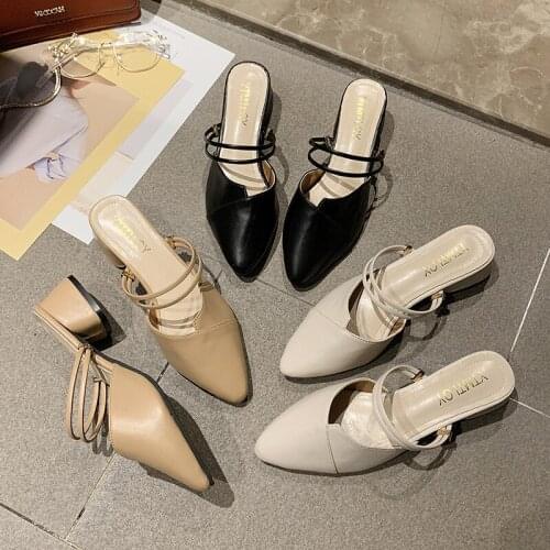 Large size 40 womens shoes 2021 summer new fashion all-match pointed mid-heel sandals Baotou half slippers