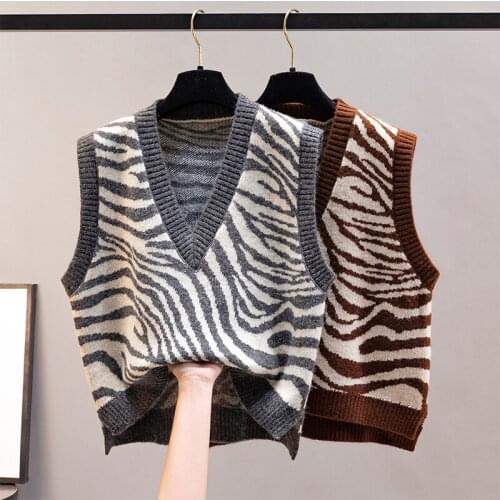 V-Neck Knitted Vest Women New Korean Fashion Zebra Pattern Sleeveless Sweater 2021 Spring Autumn Ladies Loose Waistcoat Outwear