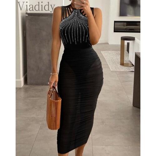 Women Sleeveless Bodysuit and High Waist Sheer Mesh Maxi Skirt 2pcs Set