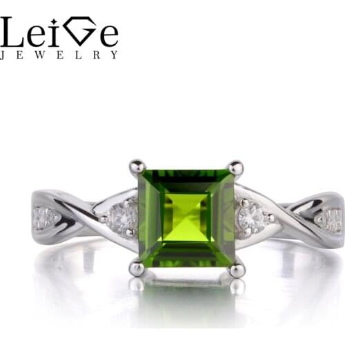 Leige Jewelry Natural Chrome Diopside Ring 925 Sterling Silver Square Cut Green Gemstone Engagement Promise Rings for Women