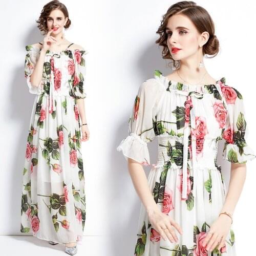 2021 New Runway Summer Boho Maxi Holiday Beach Dress Women O Neck Flower Print Chiffon Bow Ruffles Flare Sleeve Long Dress