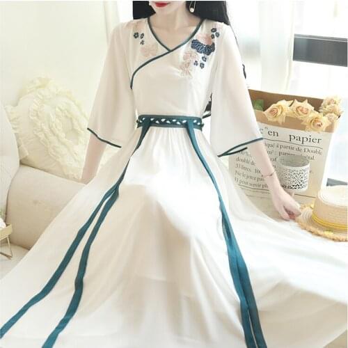 New Chinese Style Embroidery Dress Female Waist Elegant Dress Vintage Women Long Dresses Dance Costumes RH499