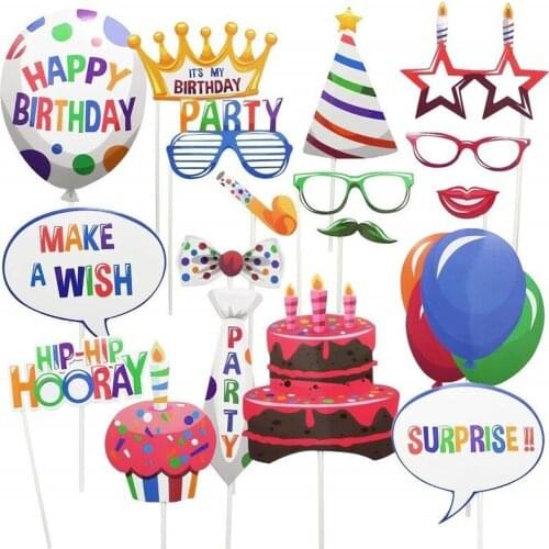 18PCS Funny Glasses Happy Birthday Mustache Photo Booth Props Party Supplies Hat Lip Cake Photo Props Birthday Party Decoration