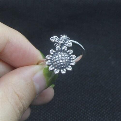 2020 Wholesale Price Real 925 Silver Sun Flower Ring With Little bee Top Quality Fashion Ladies Mini Little bee Ring