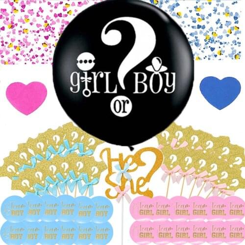 52 pcs Gender reveal Party Decoration kit She or He Mini Clothes Cake toppers 36" Giant Balloon Team Boy Girl Vote Stickers