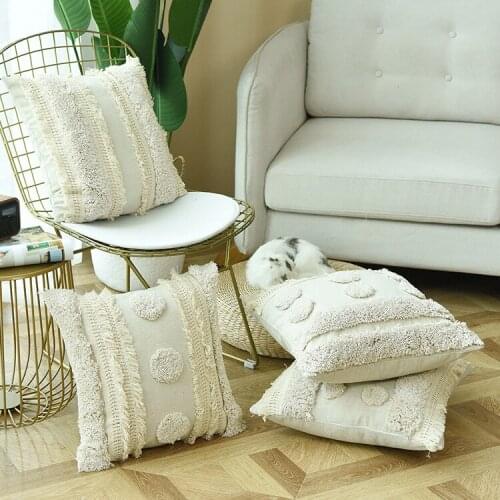 Beige Handmade India Throw Cushion Cover Morocco Tufted Boho Cushion Covers 18X18 Inch for Sofa Couch Bedroom Car Living Room