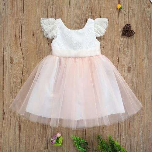 Toddler Baby Girls Tulle Dress Princess Party Cute Ruffle Fly Sleeve Floral Lace Lovely Mesh Dress with Bow Sash Infant Dress