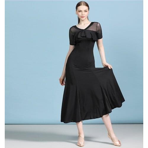Long Ballroom Competition Dance Dress Flamenco Skirt with Mesh Sleeves Dress for Waltz & Tango Women Adult Costume 2 Color A0076