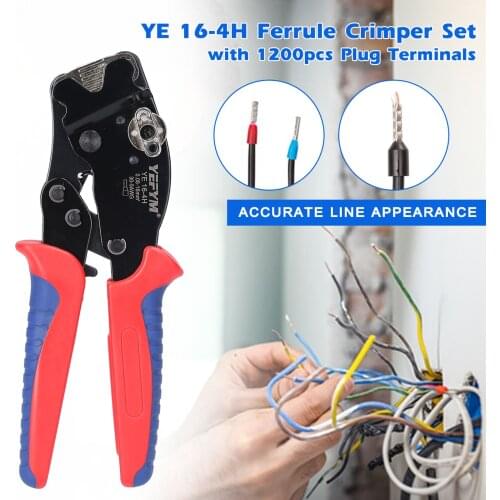 YE 16-4H 30-5AWG 0.08-16mm² Ferrule Crimping Tool Kit Insulation Terminals Crimper Plier with 1200pcs Plug Terminals