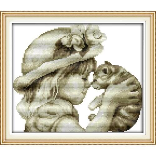 Joy Sunday Lovely Girl And Cat Chinese Cross Stitch Kits Ecological Cotton Clear Stamped Printed 14 11CT DIY Wedding Decoration