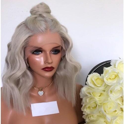 Short Wavy Bob 13x4 Transparent Lace Front Human Hair Wig #60 Ash Blonde Color Pre Plucked With Baby Hair Glueless For Women