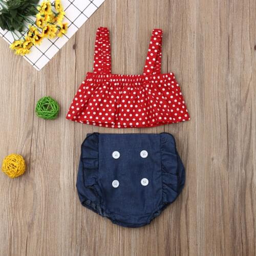 Pudcoco Summer Newborn Baby Girl Clothes Polka Dot Strap Cropped Tops Denim Short Bib Pants 2Pcs Outfits Cotton Clothes