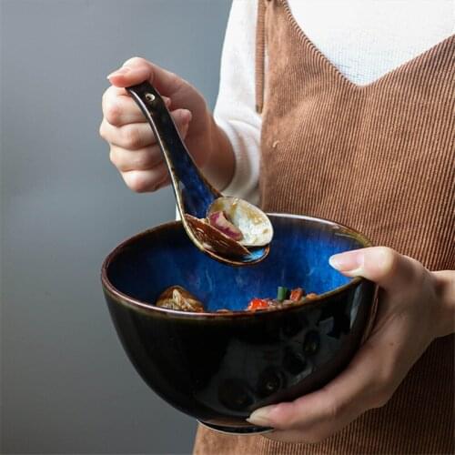 Japanese Style Blue Kiln Soup Spoon Under Glaze Color Dessert Spoon Breakfast Fruit Bowl Household Rice Noodle Bowl Tableware