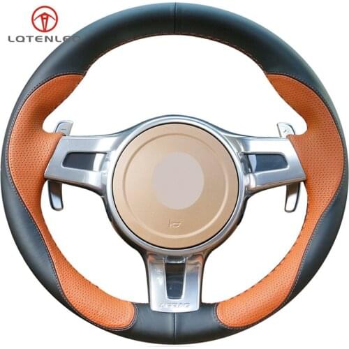 LQTENLEO Brown Black Leather Steering Wheel Cover For Porsche Cayenne Cayman 2010-2014 Panamera 2010-2016 911 Boxster 2009-2015