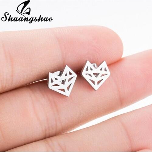 Shuangshuo Fashion Hollow Fox Heads Stud Earrings Stainless Animal Steel Cute Earrings For Women Girls Studs Little Jewelry Gift