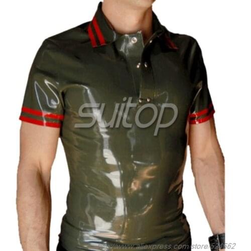 Men 's casual latex T-shirt Rubber Tee shirts top in olive green