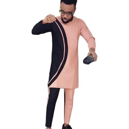 Soft Pink And Black Patchwork Mens Suits Senator Style Cotton Pant Sets African Fashion Custom For Wedding Party Male Outfits