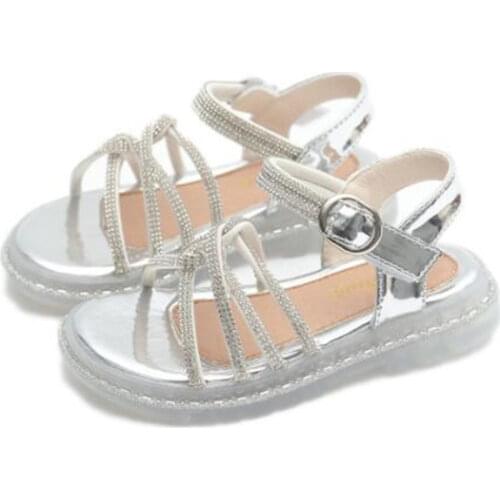 2021 new summer childrens sandals girls soft flat bottom bright diamond childrens Princess little girls shoes fashion Velcro