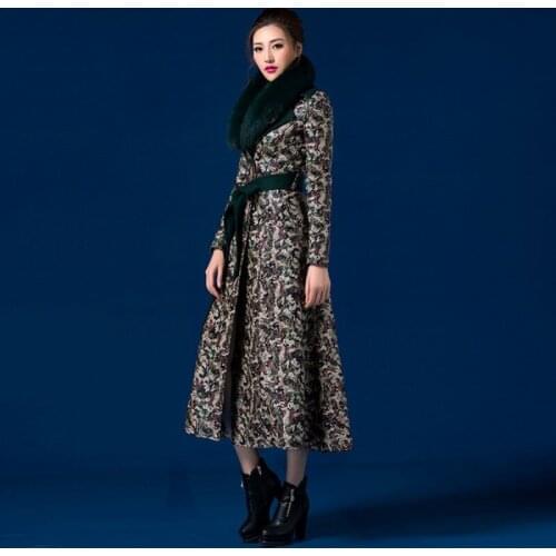 New Printed Luxury Fox Fur Collar Wool Coat Women Belt Slim Fit Single Breasted Long Woolen Coat Female Clothes Ladies Overcoat