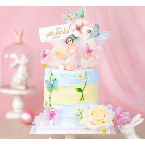 New Flowers Happy Birthday Cake Topper Cute Colorful Butterfly Wedding Cupcake Topper For Girls Birthday Party Cake Decorations