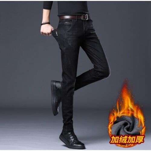 New autumn and winter plus velvet jeans, mens thick jeans, mens stretch pants, mens black trousers, small feet Slim and velve