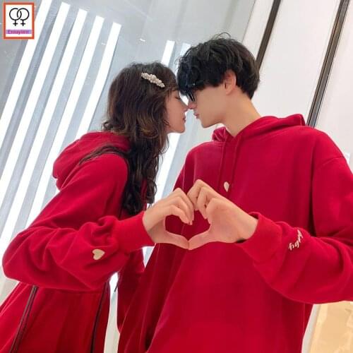 Matching Couple Hot Sale Male Female Lovers Clothes Holiday Christmas Valentines Date Casual Loose Hoodies Sweatshirt Dress Red