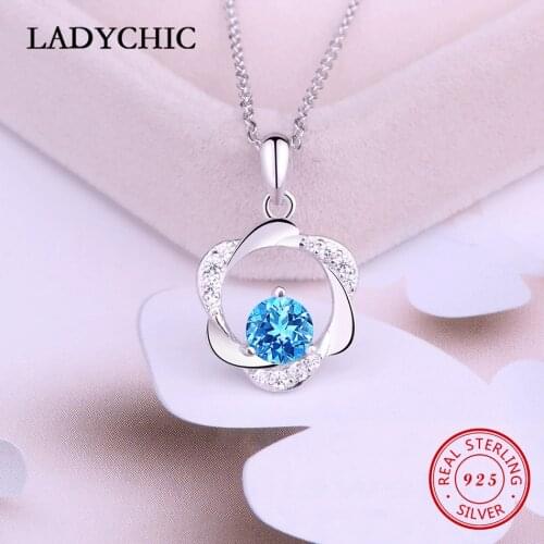 LADYCHIC Genuine 925 Sterling Silver Women Flower Pendant Necklaces Blue Clear AAA Zircon Romantic Fashion Girls Jewelry LNS1009