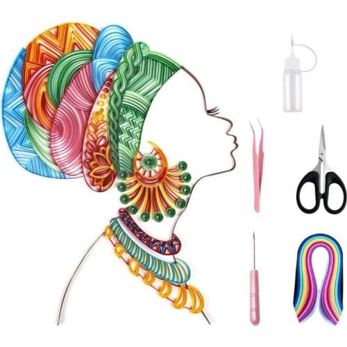 Q81C 20 Inch 3D African Woman Quilling Paper Filigree Painting Kit Handmade Wall Art Decal Stickers DIY Crafts for Home Decor