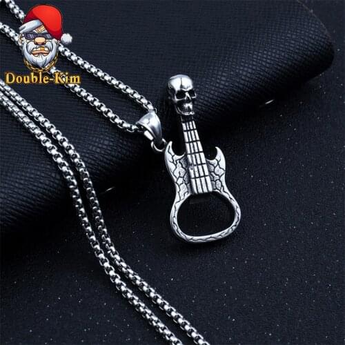 Retro Skull Guitar Pendant Necklace Corkscrew Men Hiphop Street Culture Titanium Stainless Steel Fashion Necklace Man Jewelry