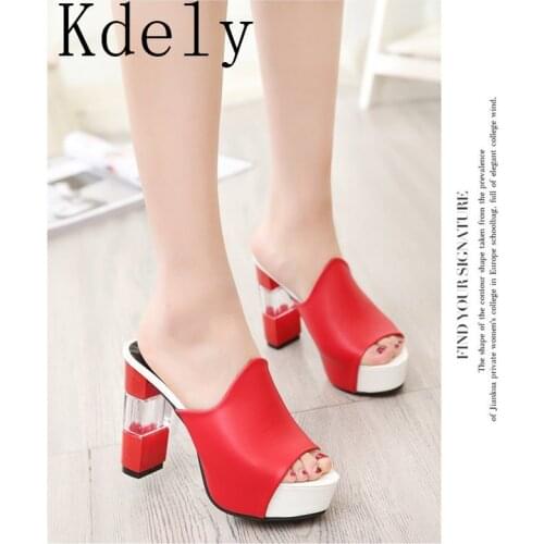 Sexy Summer Women Elegant Red High Heel Sandals Peep Toe Platform Shoes Crystal Chunky Heel Shoes Lady Thick Heel Fashion