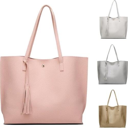 Women Female Casual Tassel Handbags Solid Color Faux Leather Button Tote Shoulder BagVintage Big Size Messenger Bags handbag