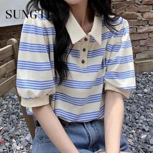 Sungtin Puff Sleeve Striped Woman T Shirts Turn-down Collar Loose Korean Fashion Summer Tops Sweet Elegant Tee Shirt New 2021