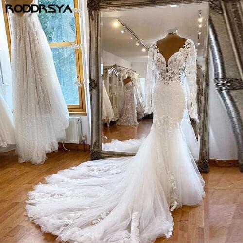 RODDRSYA Long Sleeves Mermaid Wedding Dress V Neck Bridal Gown Sexy Backless Lace Appliques Formal Bride Marriage Robe Mariee