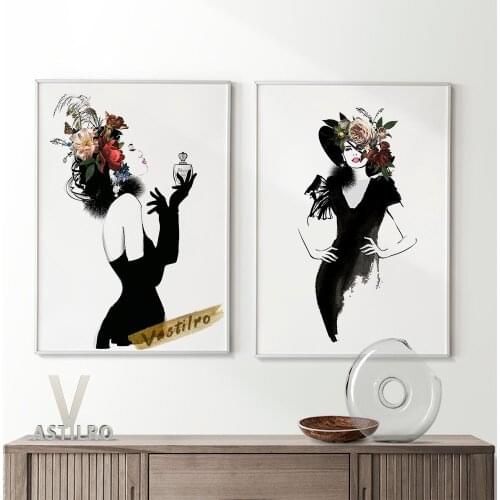 Vintage Elegant Female Portrait Black White Watercolor Poster Retro Fashion Sexy Girl Art Prints Canvas Painting Room Wall Decor