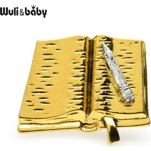 Wuli&baby Vintage Pen And Book Brooches For Women Metal Notebook Stationary Brooch Pins Gifts