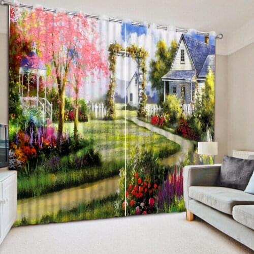 3D Curtain Photo Customize Size Oil Painting Flower Villa Curtains For Bedroom Curtains For Living Room Curtain Fabrics