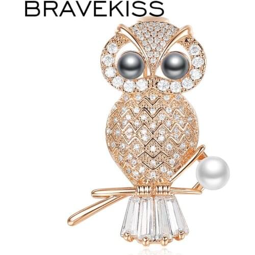 BRAVEKISS Trendy Pearl Animal Brooches for Women Fashion Jewelry Owl Banquet Brooches and Pins Christmas Gifts BUX0014B