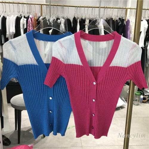 Summer Stretch Knitted Tshirt for Women 2021 Fashion Color Contrast Patchwork Short Sleeve Mesh Knitwear Temperament V-neck Tops