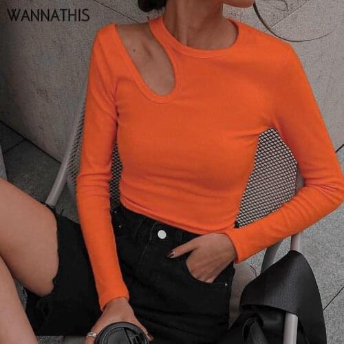 WannaThis One Shoulder Tee Casual Shirts Women Long Sleeve Hollow Out O-Neck Sexy Tops Woman Asymmetric 2021 Ribbed Autumn Tops