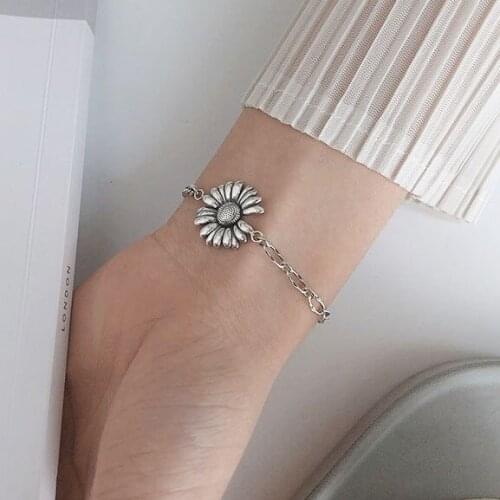 Flower Bracelet For Women New Fashion Jewelry 2020 Old Vintage Silver Color Sunflower Chain Korean Bracelets Girls Gift Jewellry