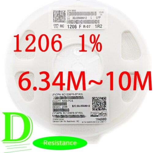 100PCS SMD Resistor RC Series 1206 1% Original RC1206FR-07 Series 6.34M-10M All resistors 6.8M 7.5M 8.2M 9.1M 10M