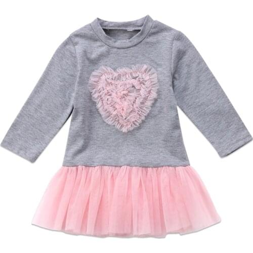 2020 New Fall Autumn 6M-4Y Toddler Baby Girl Cute Pink Mesh Heart Gray Long Sleeve Tutu Dress Kids Outfit Clothes