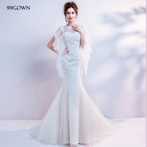 99GOWN Elegant Chapel Train Wedding Dress Simple 2019 Luxury Embassy Batwing Sleeve Ruffled Beading Mermaid Bridal Dresses
