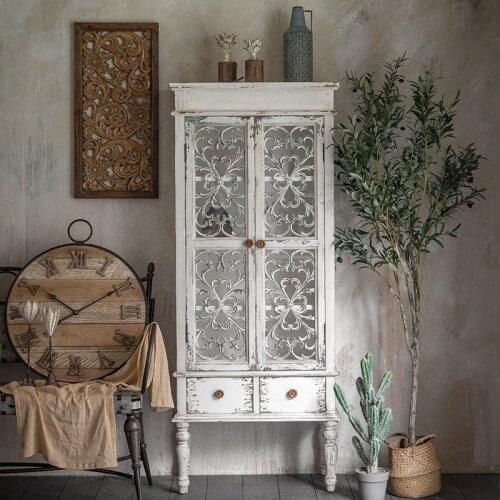 American retro distressed high cabinet living room solid wood glass TV cabinet, home bookshelf, guest house dining side wine