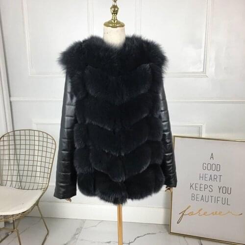Women Real Fox Fur Vest coat Autumn Winter Short Genuine Fox Fur Coat Natural Fox Fur Waistcoat with leather sleeves