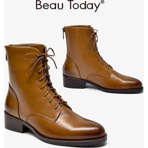 Women Boots Ankle Length Genuine Cow Leather Lace-Up Decoration with Back Zipper Round Toe Women Boots Handmade BeauToday 03805