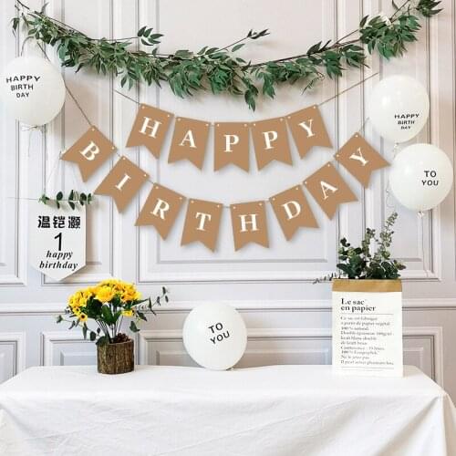 Happy Birthday with White Letters Bunting Swallowtail Flags Brown Paper Birthday Party Decorations 1set Party Supplies