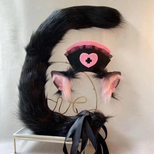 HOT New Black Nurse Cosplay Cat Fox Neko Ears Hairhoop Angel Style Hat For Halloween Christmas Game Party Sotume Accessories